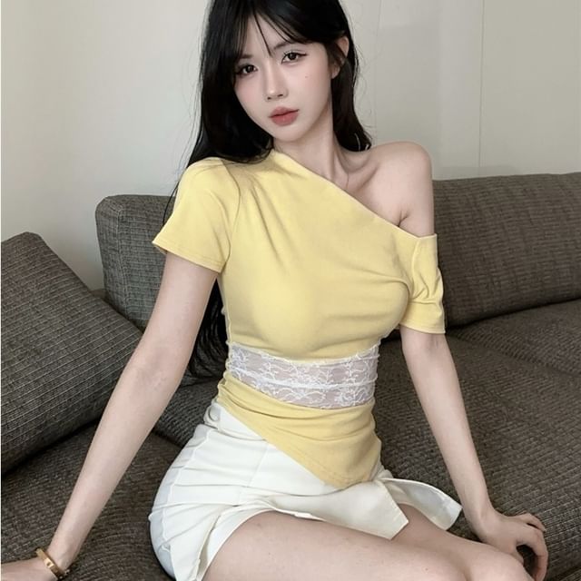 Whoosh-Short-Sleeve Off Shoulder Lace Panel Top