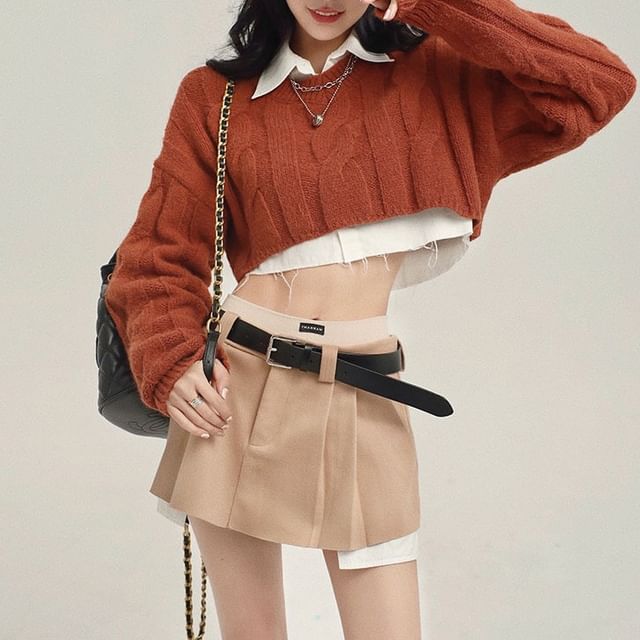 Omibayo-Round Neck Plain Cable Knit Cropped Sweater