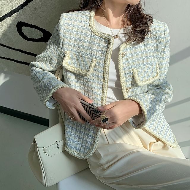 Happo-Round Neck Houndstooth Tweed Button Cropped Jacket