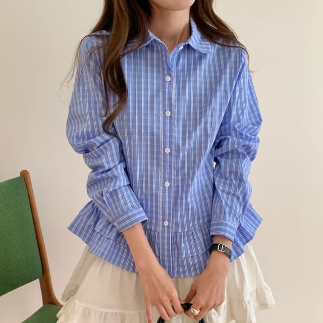 Coris-Long-Sleeve Collared Ruffle Hem Button-Up Blouse