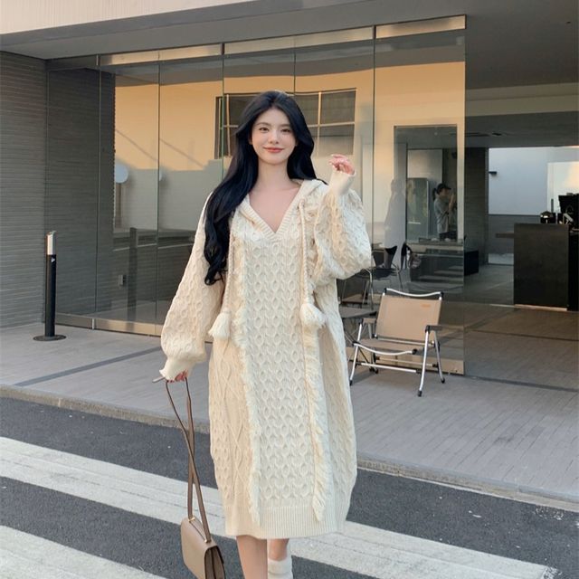 Sugorky - Long-Sleeve Plain Hooded Cable-Knit Midi Oversized Sweater Dress  | YesStyle