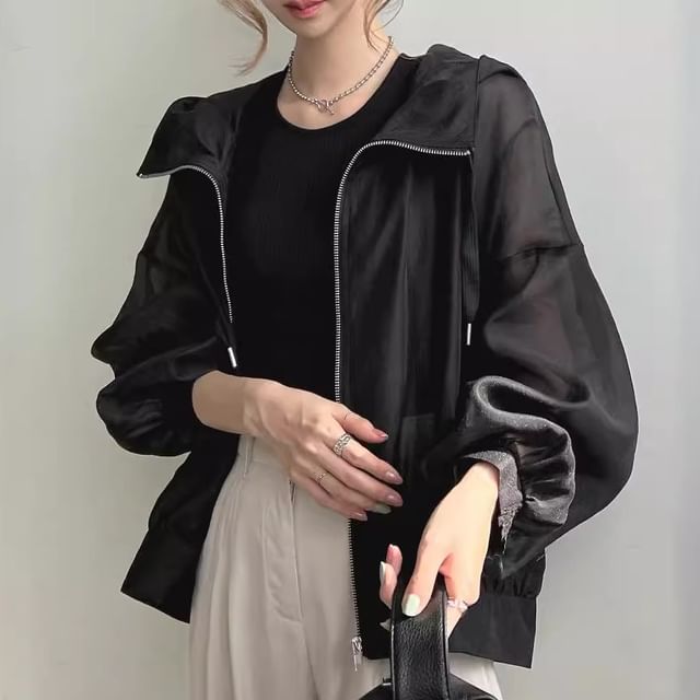 Lewwe-Stand Collar Plain Hood Zip Light Jacket