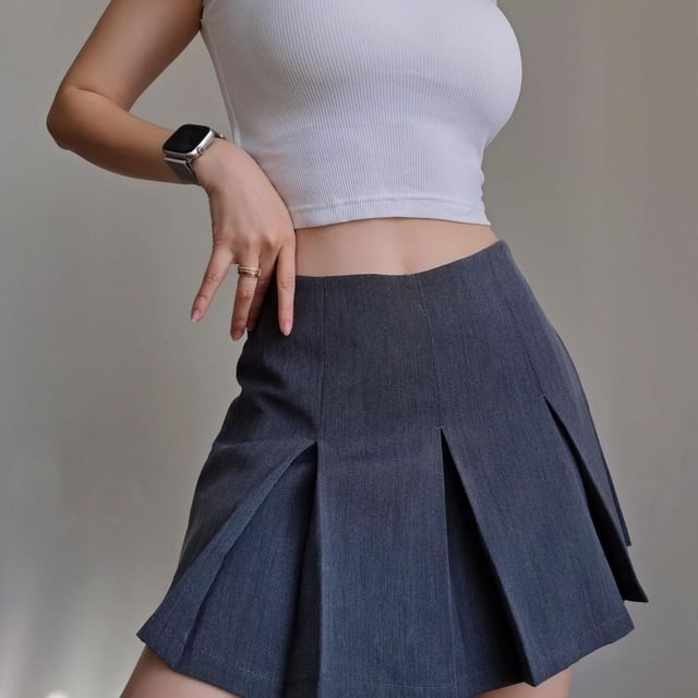 Maisee-High Rise Plain Pleated Mini A-Line Skirt