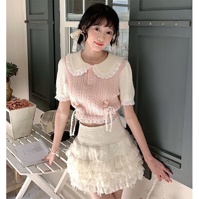 GOUB-Short Sleeve Collared Ruffle Mock Two Piece Cable Knit Crop Top High Waist Plain Tiered Mini A-Line Skirt