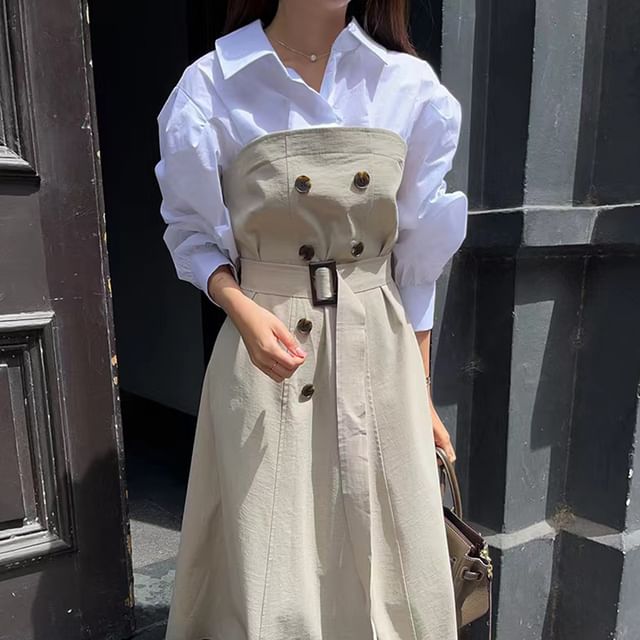 Coris - Long Sleeve Collared Mock Two Piece Double Breasted Maxi A-Line  Shirt Dress | YesStyle