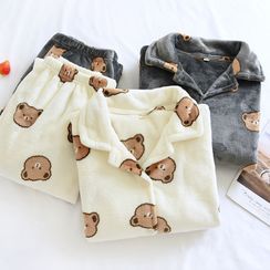 Dogini - Couple Matching Pajama Set: Bear Print Flannel Shirt + Pants