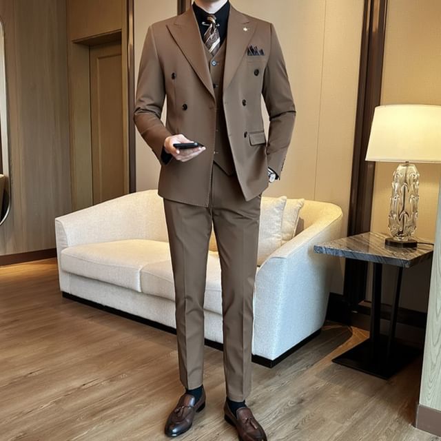 Blueforce-Set Plain Double-Breasted Blazer Dress Pants