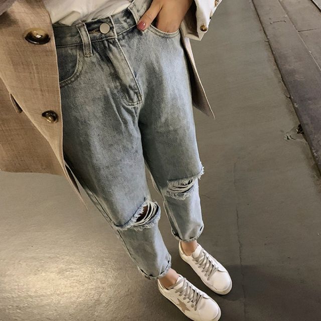 Hevnir-High Waist Distressed Cropped Straight Leg Jeans