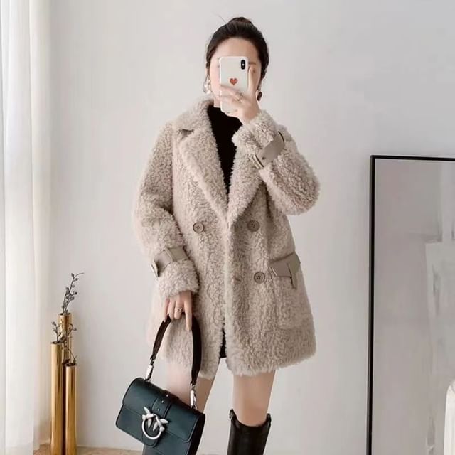 Everose-Notch Lapel Fleece Double-Breasted Jacket