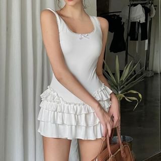 Sugarcoat-Wide Strap Square-Neck Plain Ruffled Mini A-Line Dress