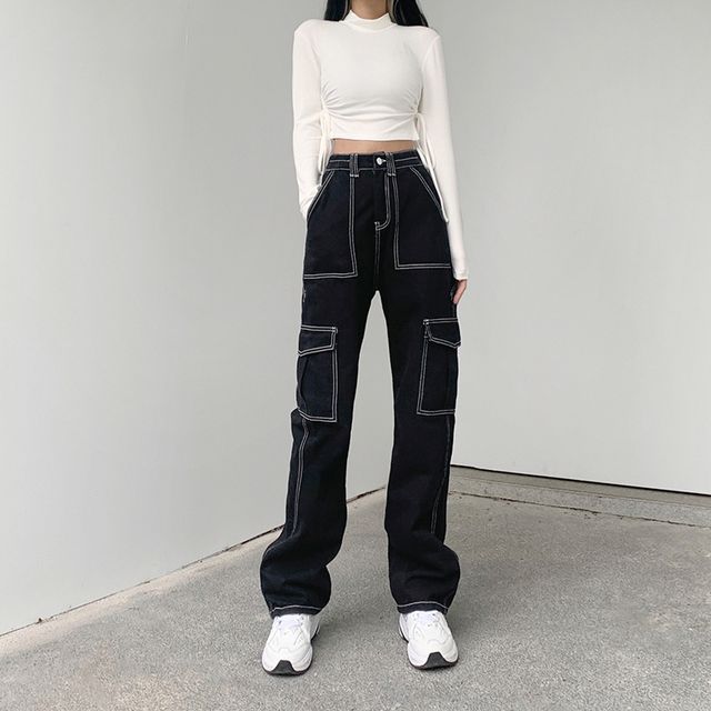 Contrast Stitching Straight Leg Jeans 