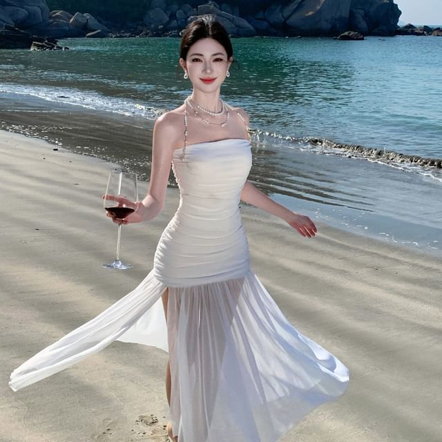 Moanum-Strapless Plain Ruched Slit Midi A-Line Dress