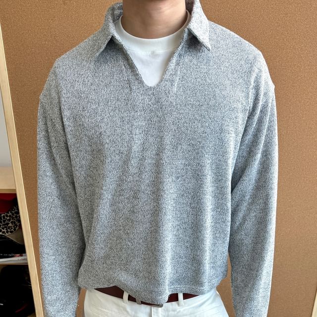 DragonRoad-V-Neck Collared Melange Sweater