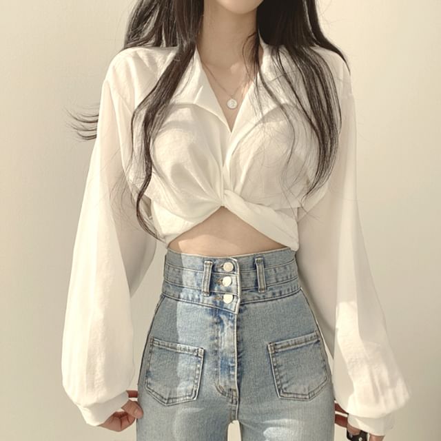 Cloud Nine-Long Sleeve V-Neck Plain Twist Front Crop Top