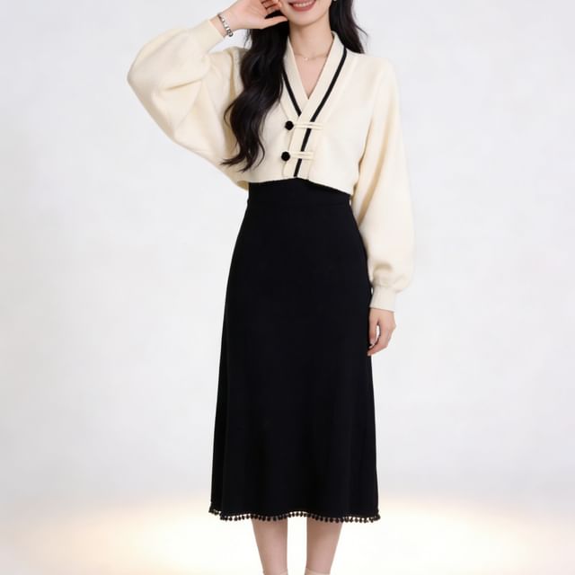 ANORA-Zweifarbiger Crop-Cardigan mit Froschknöpfen und V-Ausschnitt ärmelloses schlichtes Midi-A-Linien-Kleid mit quadratischem Ausschnitt