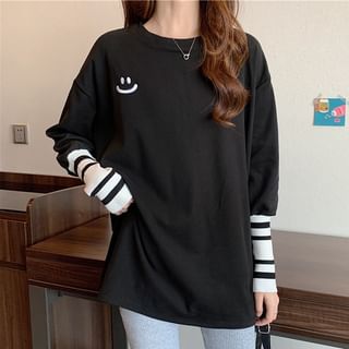 Manki Long Sleeve Crew Neck Smiley Patterned Striped Tee Sale