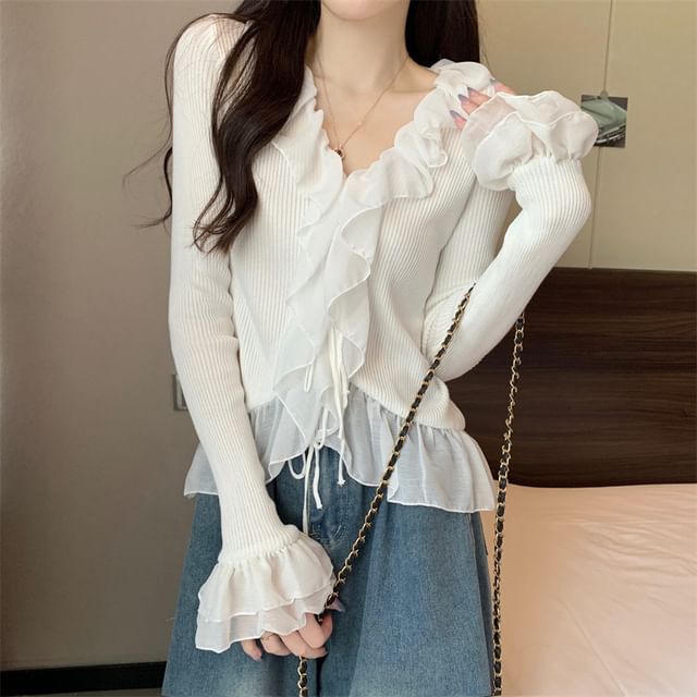 Sisyphi-Plain Ruffle Asymmetrical Ribbed Sweater
