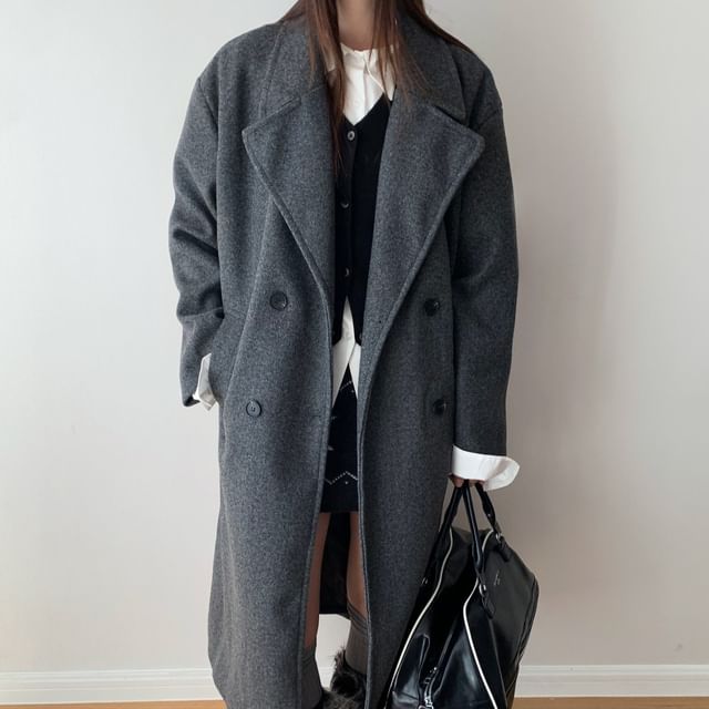 Striinkie-Plain Midi Double-Breasted Coat