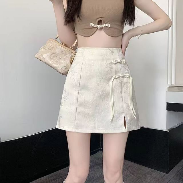 Everose-High Waist Plain Frog Buttoned Mini A-Line Skirt
