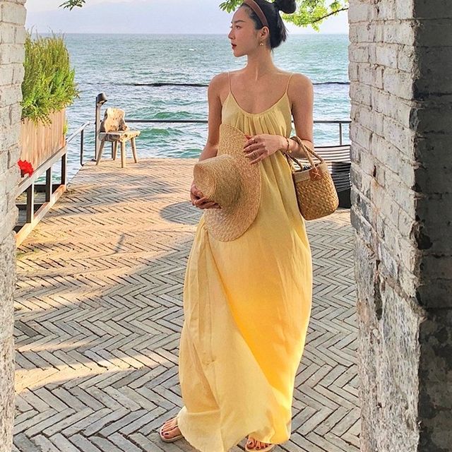 chinese dress ladies Azure Sun Halterneck Drop Waist Maxi Dress Yellow main image 0