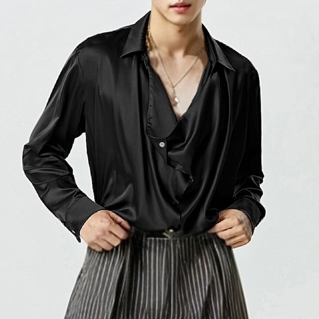 Double White-Long-Sleeve Asymmetrical Button-Up Shirt
