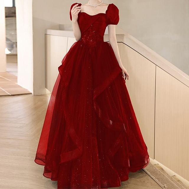DreesHouse-Puff-Sleeve Sweetheart-Neckline Sequined A-Line Mesh Evening Gown