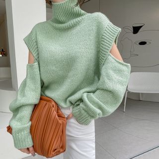 cutout shoulder turtleneck sweater