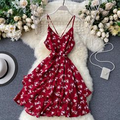 Lucuna - Spaghetti Strap Floral Print Midi A-Line Dress Lucuna - Spaghetti Strap Floral Print Midi A-Line Dress