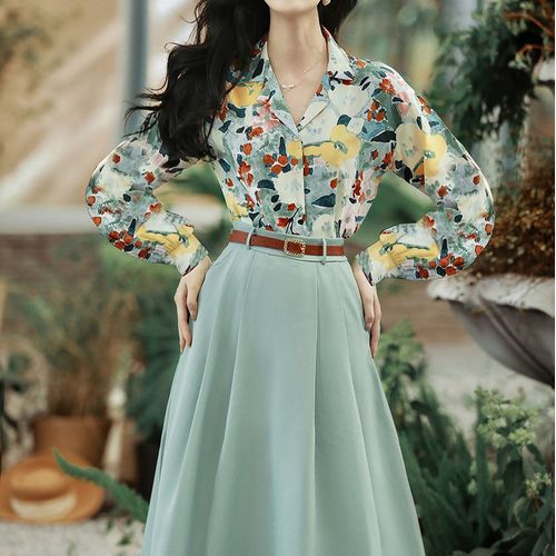 Set Floral Blouse Plain Midi A Line Skirt Various Designs