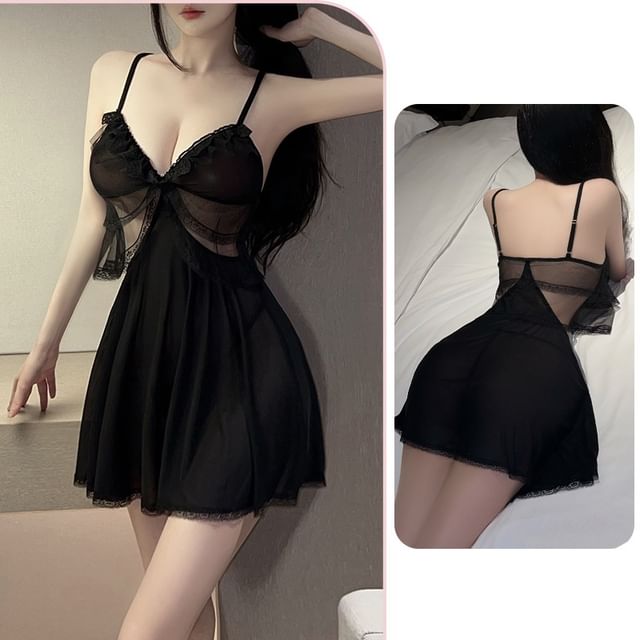 Candyiry-Set Plain Lace Trim Babydoll Thong