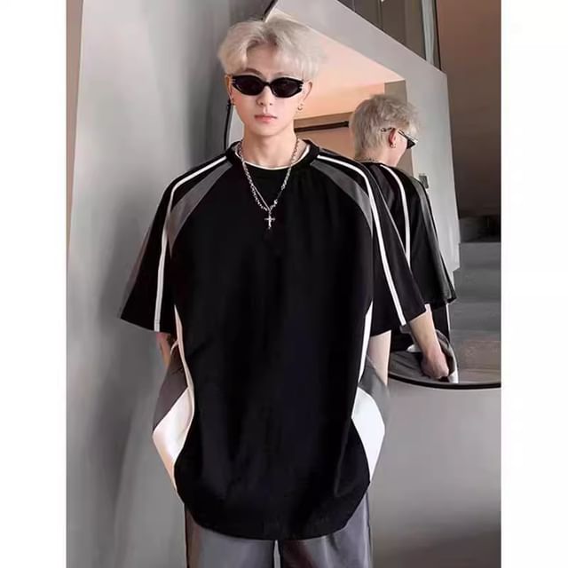 fluffush-Elbow-Sleeve Crew Neck Color Block T-Shirt