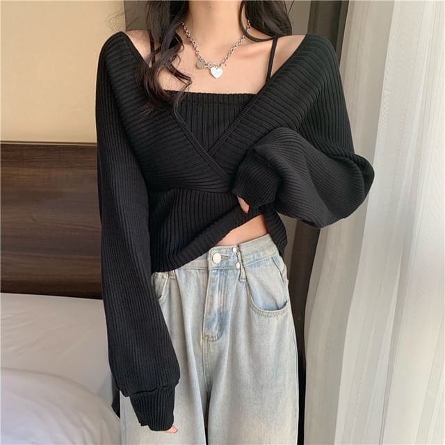 INEN-V-Neck Plain Mock Two Piece Sweater