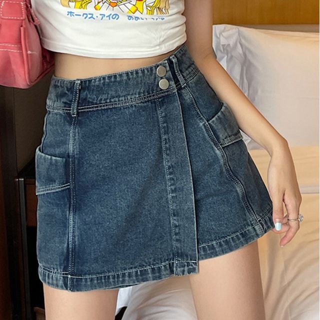 monroll-High Waist Washed Denim Skort