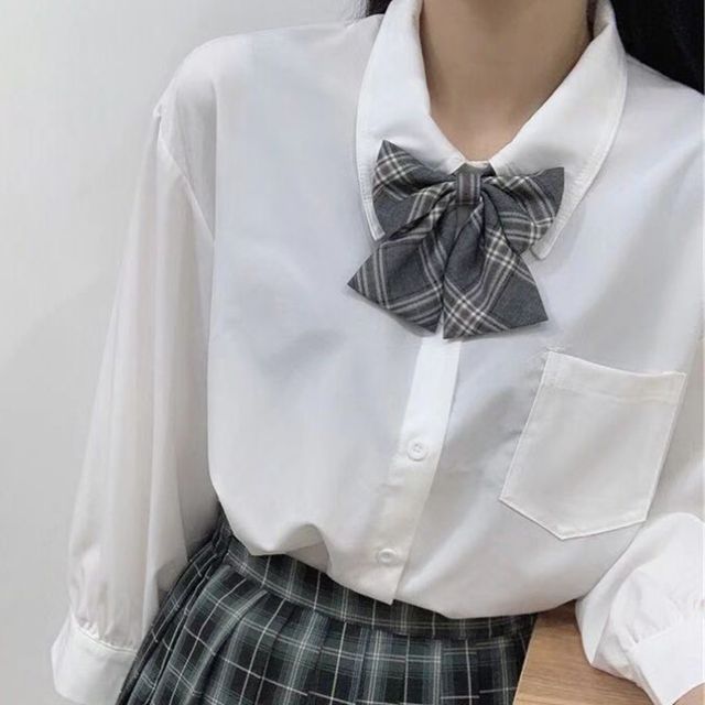 Ioelrena - Set: Long-Sleeve Plain Shirt + Plaid Ribbon Bow Ioelrena - Set: Long-Sleeve Plain Shirt + Plaid Ribbon Bow