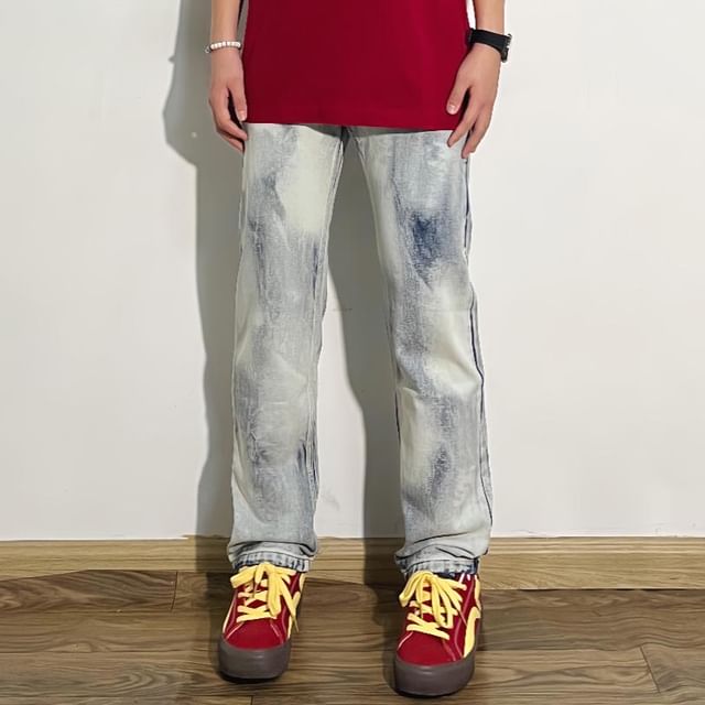 ROOSE-Mid Rise Washed Straight Leg Jeans