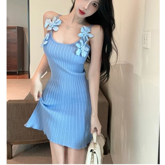 Whoosh - Spaghetti Strap Floral Detail Ribbed Knit A-Line Mini Dress |  YesStyle