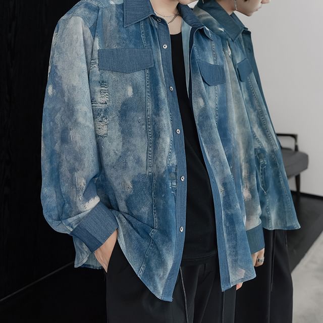 CHIC ERRO-Long-Sleeve Tie Dye Button-Up Sheer Shirt