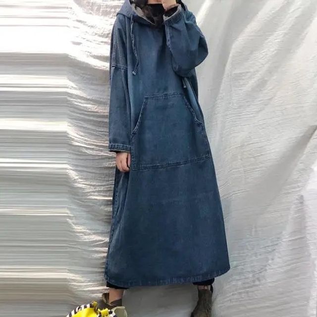 midi denim shirt dress women Women's Drop Waist Blue Denim Midi Dress Satin Wash / 2