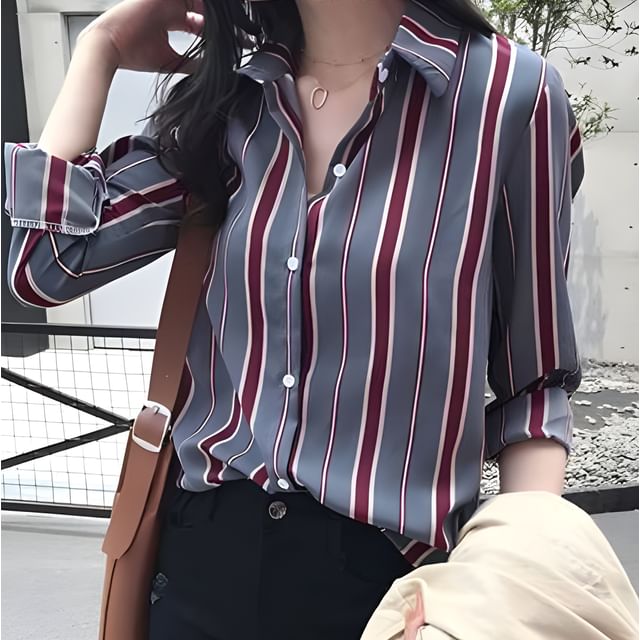 ISSOL-Long-Sleeve Striped Blouse