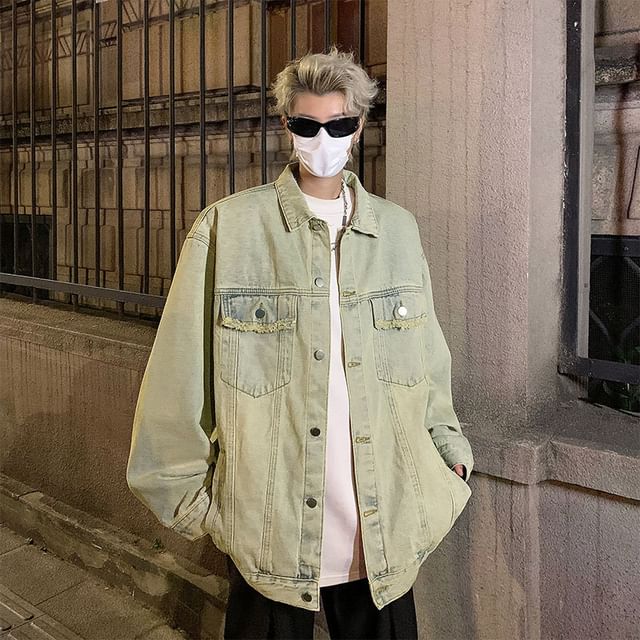 Priam-Collared Washed Fray Button Denim Jacket