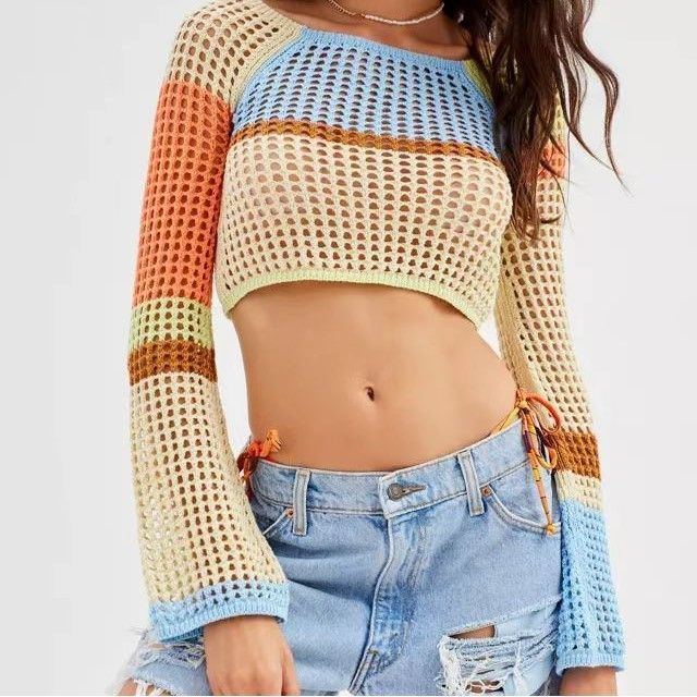 Bell Sleeve Color-Block Crochet-Knit Crop Sweater