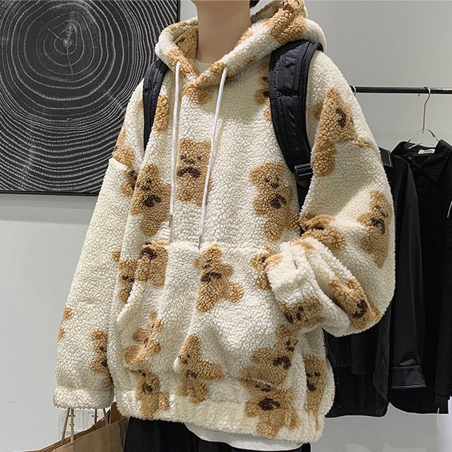 Bear print sherpa discount hoodie