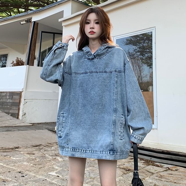 Anjalia - Long-Sleeve Washed Denim Hoodie | YesStyle