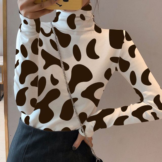 Mock-Neck Long-Sleeve Cow Print T-Shirt 