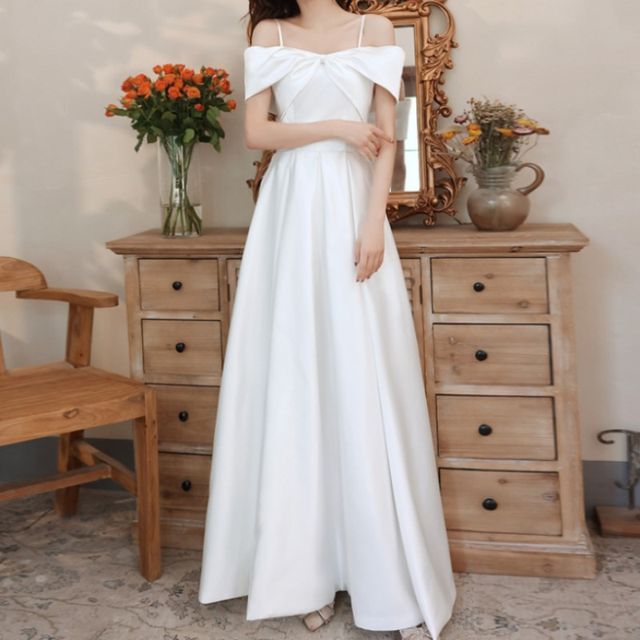Sekulia - Spaghetti Strap Plain Maxi A-Line Wedding Dress | YesStyle