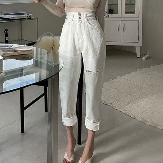 Coris-High Waist Plain Ripped Tapered Jeans