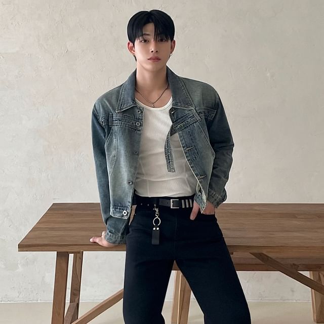 MRCYC-Collared Washed Button-Up Crop Denim Jacket
