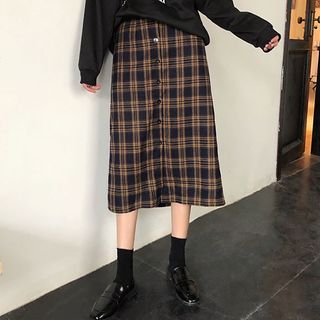 plaid a line midi skirt