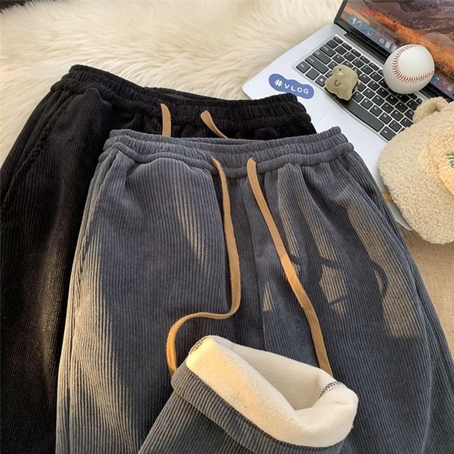 Cloud Nine-Drawstring Fleece-Lined Corduroy Wide-Leg Pants