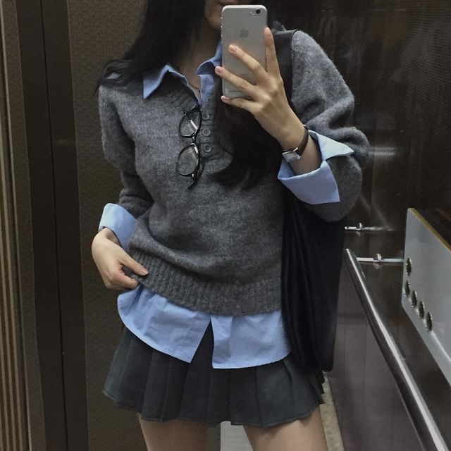 Janerium-Mock Two-Piece Long-Sleeve Collared Knit Top